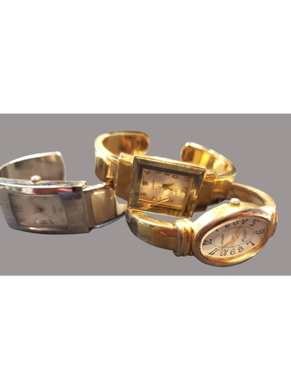 Vintage Quartz Cuff Watches Lot Of 3 - Gold & Silver Tones 1359
